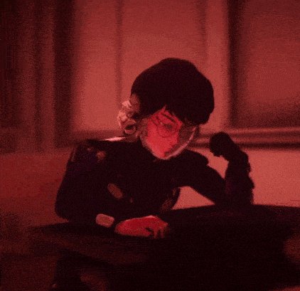 a cartoon character wearing a mask is sitting at a table with a sign that says lps on it
