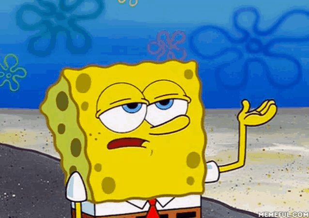 a cartoon of spongebob squarepants standing on a beach with his hand outstretched .