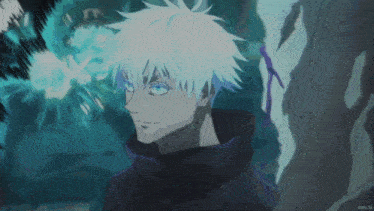 a man with white hair and blue eyes is standing in a dark room