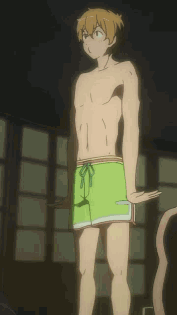 a shirtless anime character with green shorts on