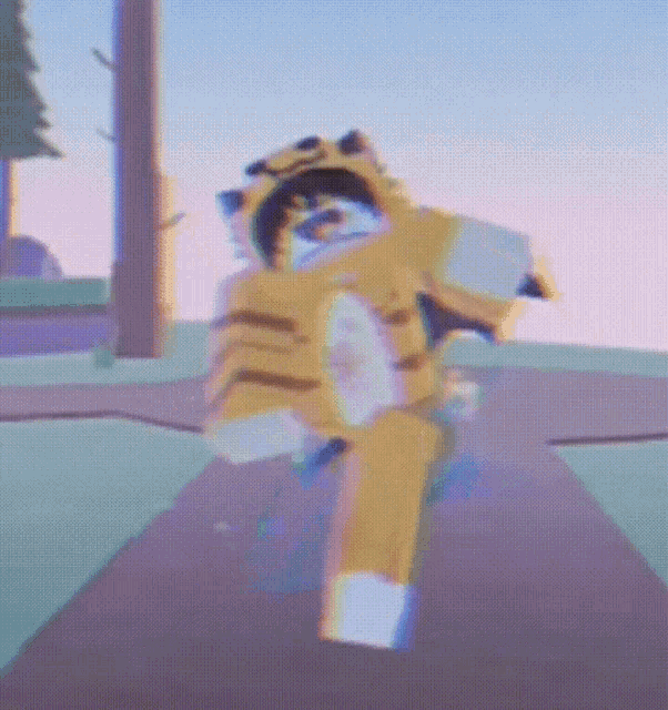 a cartoon character in a tiger costume is walking down a street