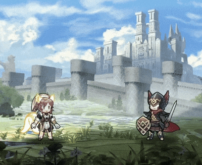 a video game scene with two characters standing in front of a large castle
