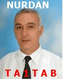a man in a white shirt and black tie is standing in front of a sign that says nurdan ta1tab