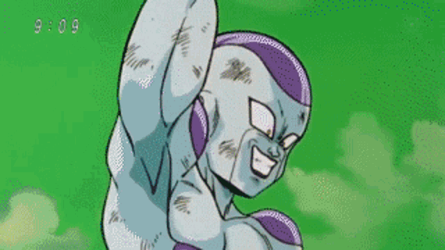 a cartoon character with a purple head and arms is standing in front of a green sky .