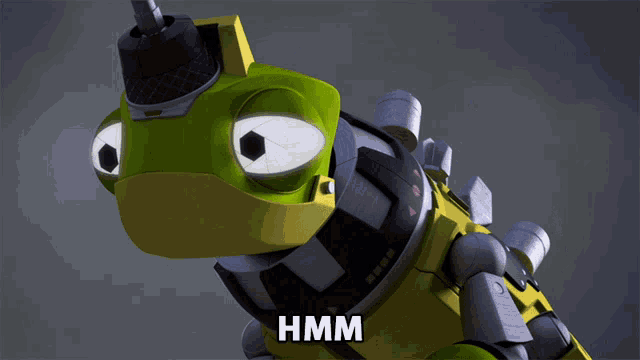 a cartoon character with the word hmm written on the bottom