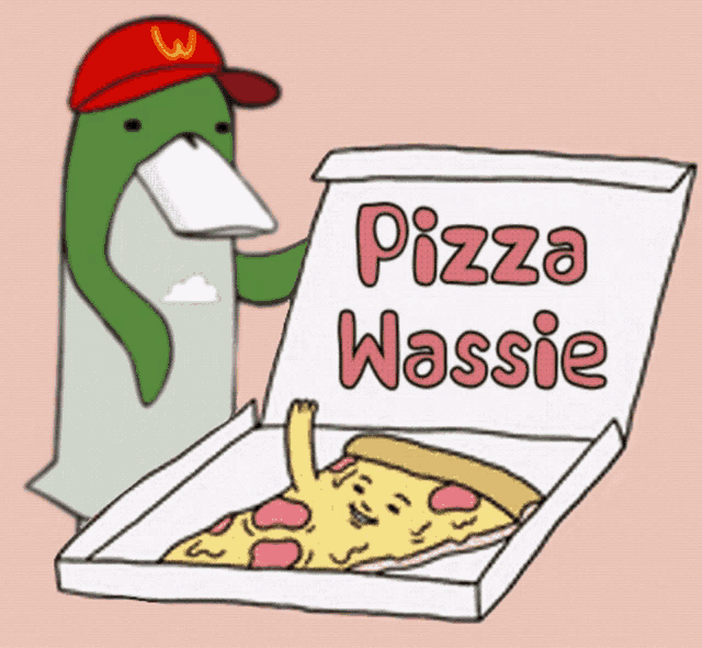 a cartoon of a duck taking a slice of pizza from a pizza wassie box