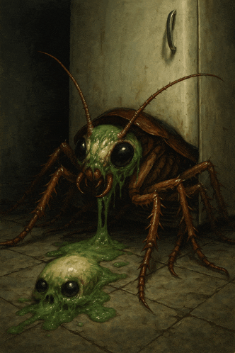 a painting of a cockroach with green slime coming out of it 's mouth