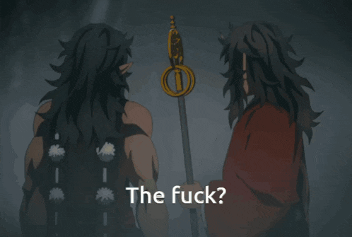two demons standing next to each other with the words " the fuck " written below them