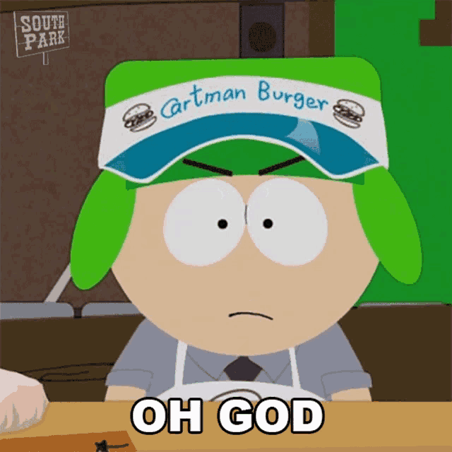 a cartoon character from south park is wearing a cartman burger hat