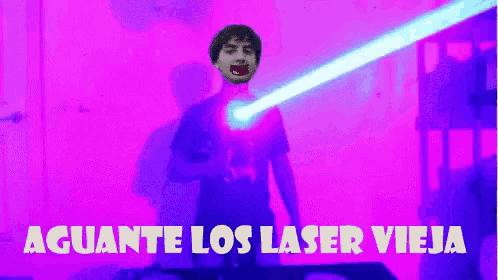 a man is holding a laser in front of a purple background with the words aguante los laser vieja