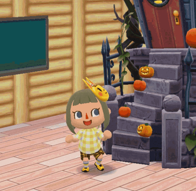 a cartoon character is standing in front of a house with pumpkins on the stairs