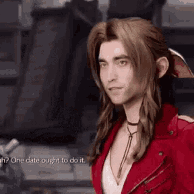 a man with long hair is wearing a red jacket and a choker necklace .