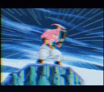 a pixelated image of a person standing on top of a mountain