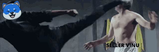a shirtless man kicking another shirtless man in the face with seller vinu written in the corner