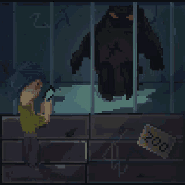 a pixel art of a person looking at a monster behind bars