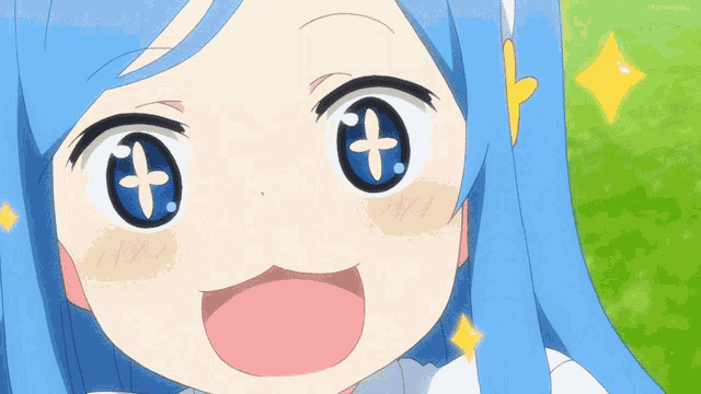 a close up of a girl with blue hair and a cross in her eyes