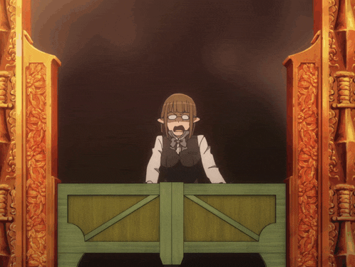 a girl with a surprised look on her face stands in front of a wooden box