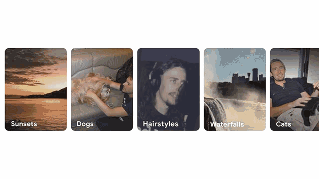 sunsets dogs hairstyles waterfalls and cats are shown on these cards