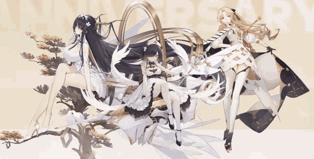 three anime girls are sitting on a tree branch with the word anniversary behind them