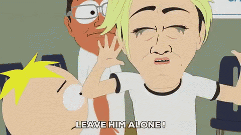 a cartoon character says " leave him alone " while another character looks on