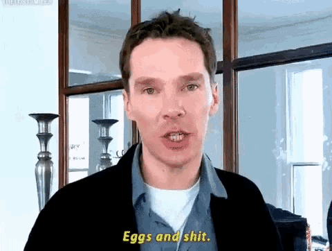 a man in a blue shirt is talking about eggs and shit