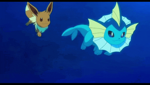eevee and vaporeon are swimming in the water