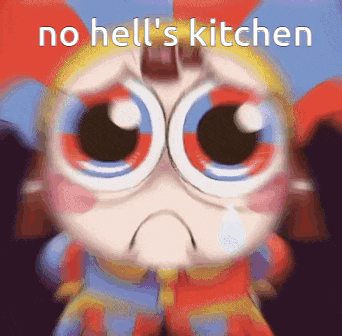 a cartoon character with big eyes and the words no hell 's kitchen on the bottom