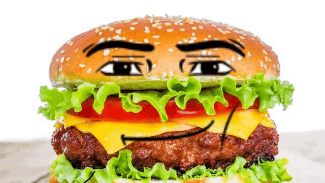 a hamburger with a face drawn on it 's bun