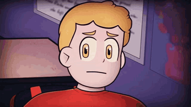 a cartoon of a boy with yellow eyes and a red shirt