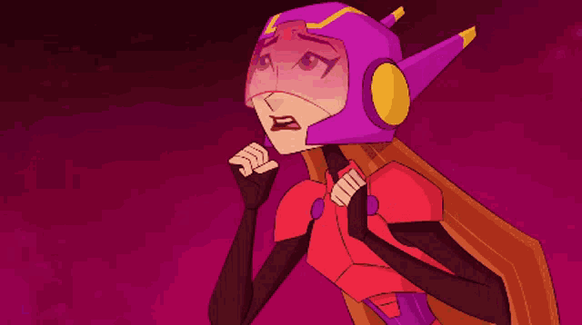 a cartoon character with a purple helmet and a red suit