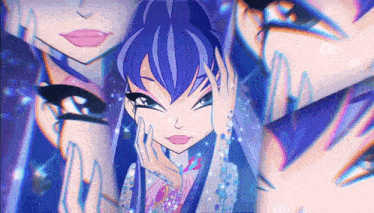 a cartoon character with purple hair is holding her hand to her face
