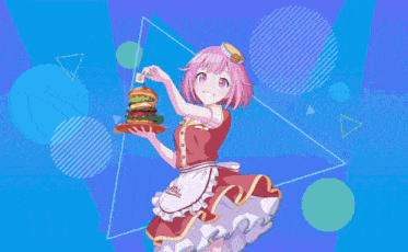 two anime girls are standing next to each other in a room holding a cake .