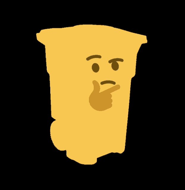 a yellow trash can with a thinking face and a hand on its chin