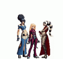 a pixel art of a woman standing in front of a drawing of a man 's face .