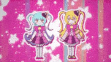 two anime girls are standing next to each other on a pink background with stars .