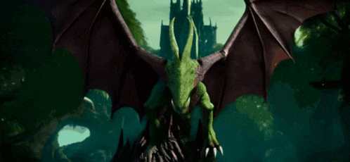 a green dragon with a castle in the background is flying through the air