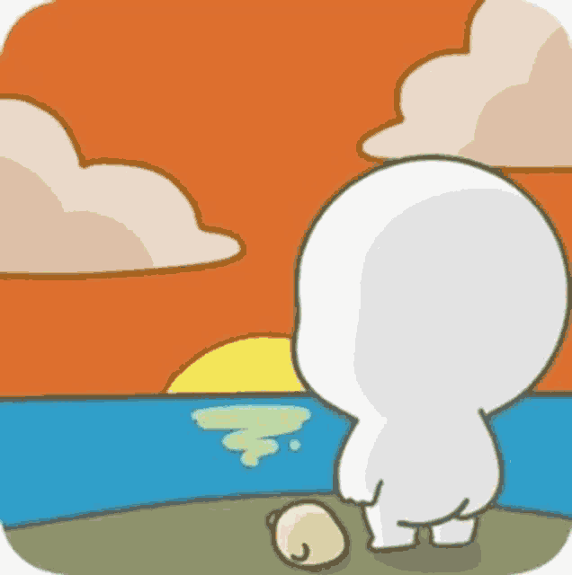 a cartoon of a person standing on a beach looking at the ocean .