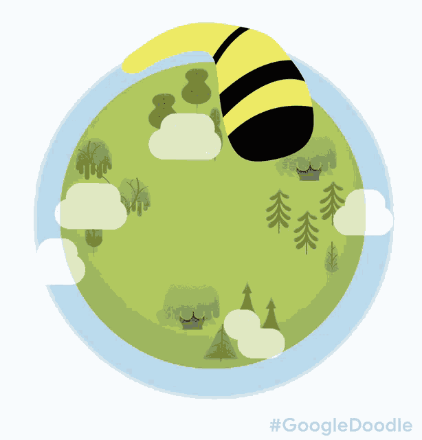 a drawing of a globe with trees and clouds and the hashtag #googledoodle on the bottom