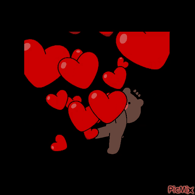a cartoon of a teddy bear surrounded by red hearts that says picmix at the bottom