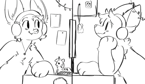 a black and white drawing of a cat and a dog talking to each other .
