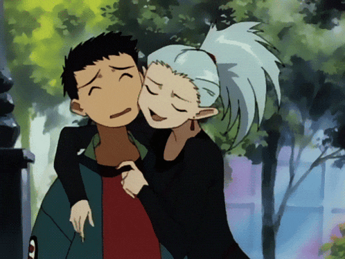 a boy and a girl are hugging each other in a cartoon scene