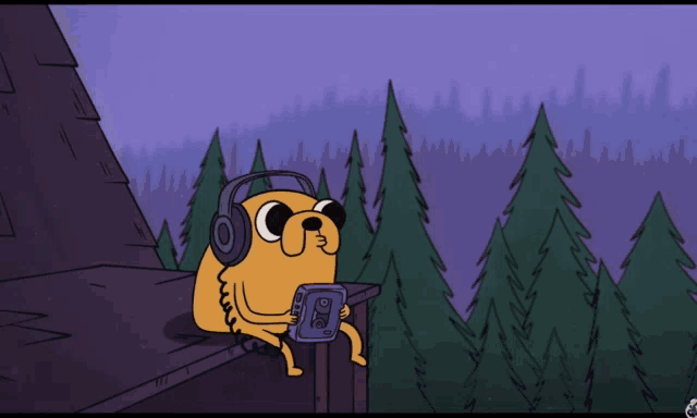 a cartoon character wearing headphones and holding a tape player