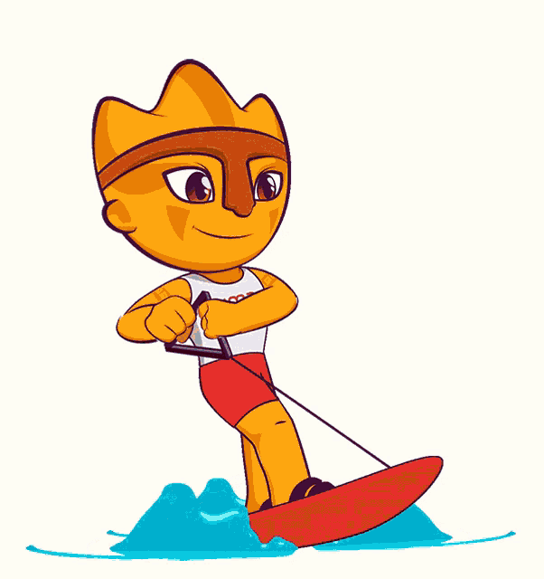 a cartoon drawing of a person riding a surfboard with a shirt that says ' rio ' on it