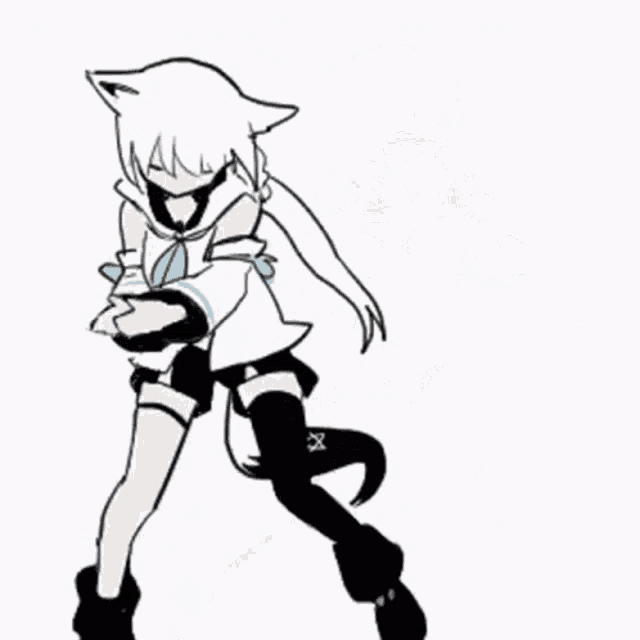 a black and white drawing of a girl with a cat 's head holding a microphone .