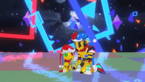 a couple of robots wearing santa hats are standing next to each other .