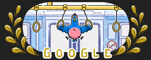 a cartoon of a bird hanging from a railing with the word google in the upper right corner