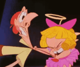 a cartoon of a man and a girl with wings and a halo on their head