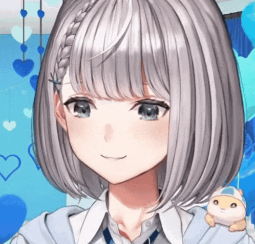 a girl with gray hair and blue eyes is smiling