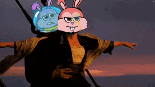 a couple of cartoon characters riding on the back of a man