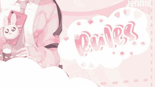 a girl in a pink shirt and tie is holding a stuffed bunny and the word rules is above her .